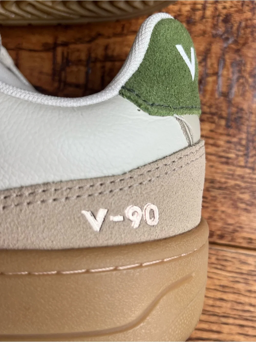 Veja V-90 Leather Sneakers in White, Almond & Kiwi